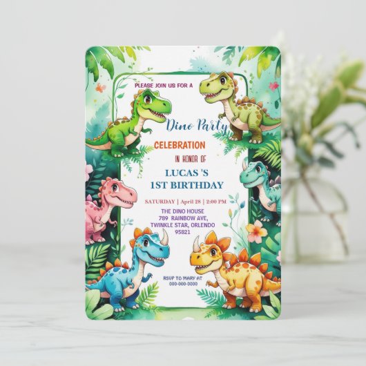 Schattigee DIno wilde bloem Dinosaurussen 1e Verja Save The Date (Staand voorkant)