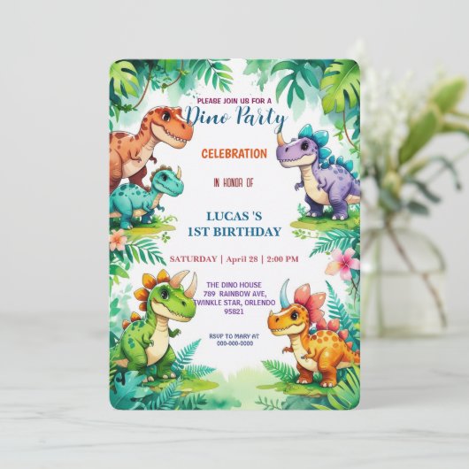 Schattigee DIno wilde bloem Dinosaurussen 1e Verja Save The Date (Staand voorkant)