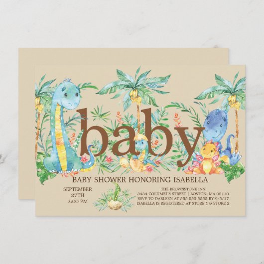 Schattigee Dinosaur Boys Baby shower Uitnodiging (Voorkant / Achterkant)