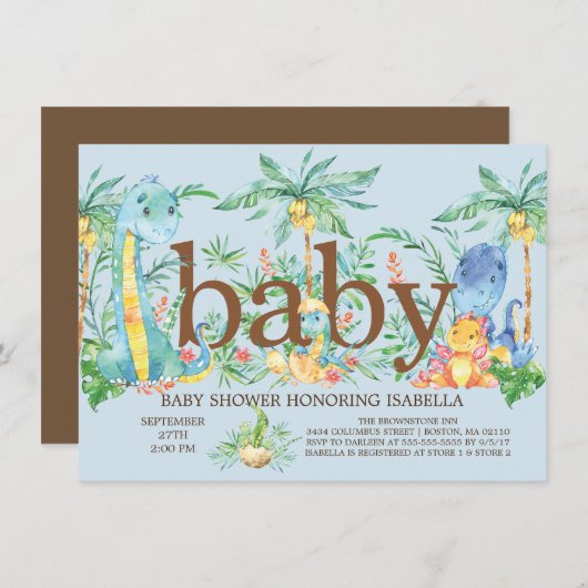 Schattigee Dinosaur Boys Baby shower Uitnodiging (Voorkant / Achterkant)