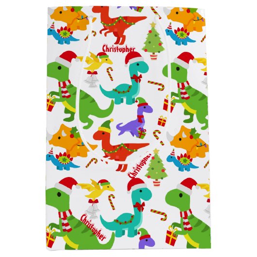 Schattigee Dinosaur Kerstcadeau Zak Medium Cadeauzakje (Voorkant)