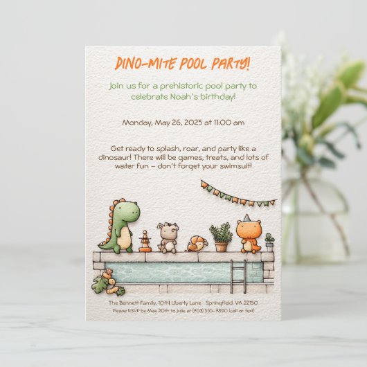 Schattigee Dinosaur Pool Party Verjaardagsuitnodig Kaart (Staand voorkant)