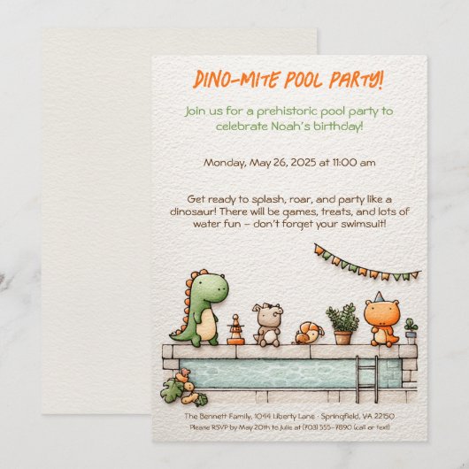 Schattigee Dinosaur Pool Party Verjaardagsuitnodig Kaart (Voorkant / Achterkant)
