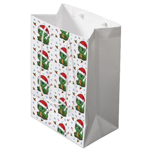 Schattigee Dinosaur Santa Hat Christmas Gift Bag Medium Cadeauzakje (Voorkant Gekanteld)
