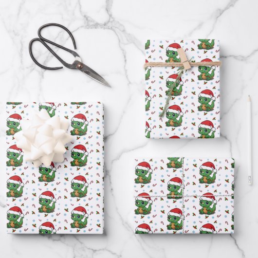 Schattigee Dinosaur Santa Hat Christmas Wrapping P Inpakpapier Vel (Voorkant)