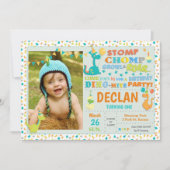 Schattigee Dinosaurus 1e Verjaardag Party Boy Foto Kaart (Voorkant)