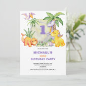 Schattigee Dinosaurus 1e Verjaardagsuitnodiging Kaart (Staand voorkant)