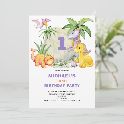 Schattigee Dinosaurus 1e Verjaardagsuitnodiging Kaart (Staand voorkant)