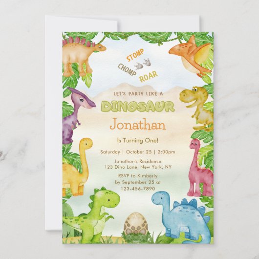 Schattigee Dinosaurus 1e Verjaardagsuitnodiging Kaart (Voorkant)
