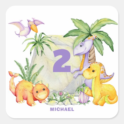 Schattigee Dinosaurus 2e Verjaardag Sticker (Voorkant)