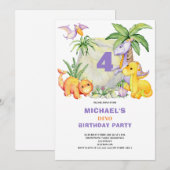 Schattigee Dinosaurus 4e Verjaardagsuitnodiging Kaart (Voorkant / Achterkant)