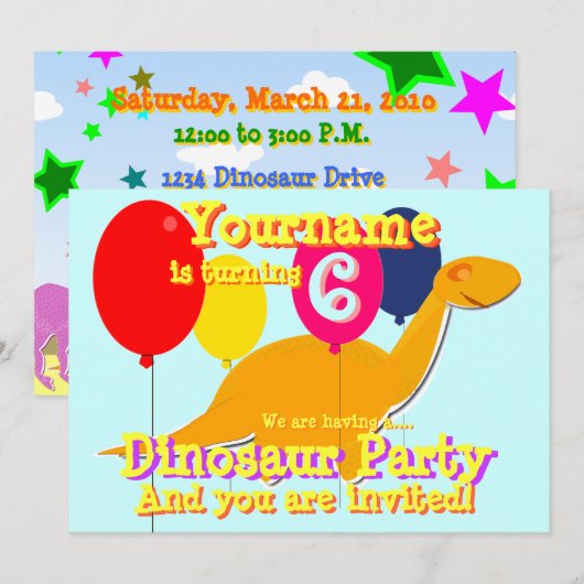 Schattigee Dinosaurus 6e Verjaardagsfeestuitnodigi Kaart (Voorkant / Achterkant)