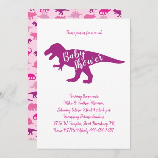 Schattigee dinosaurus Baby shower T-Rex Dino Roze  Kaart (Voorkant / Achterkant)