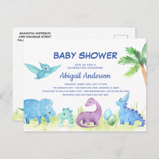 Schattigee Dinosaurus Baby shower Uitnodiging Post (Voorkant / Achterkant)