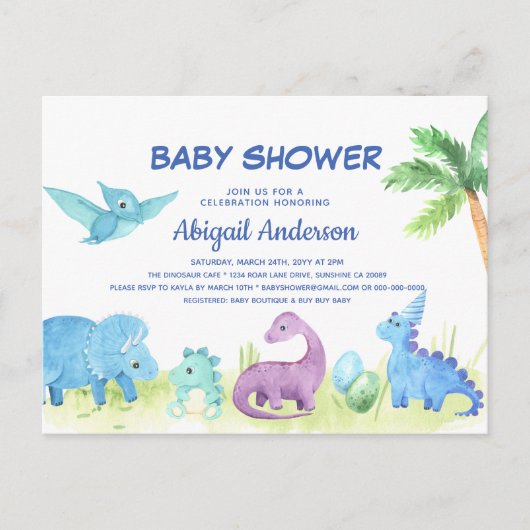 Schattigee Dinosaurus Baby shower Uitnodiging Post (Voorkant)