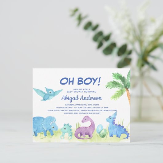 Schattigee Dinosaurus Baby shower Uitnodiging Post (Staand voorkant)