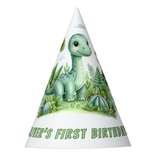 Schattigee Dinosaurus Baby's 1e Verjaardagsfeest Feesthoedjes (Voorkant)