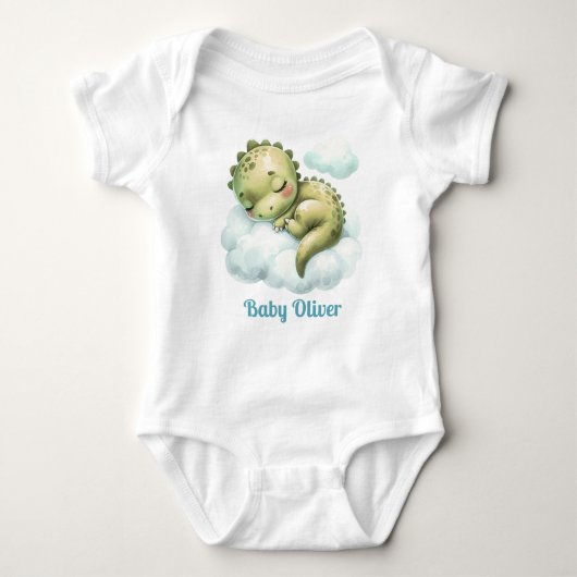 Schattigee Dinosaurus Blauw Groene Naam Monogram B Romper (Voorkant)