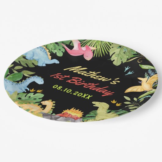 Schattigee Dinosaurus Boy eerste verjaardagsfeestj Papieren Bordje (Gekanteld)