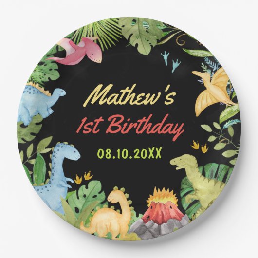 Schattigee Dinosaurus Boy eerste verjaardagsfeestj Papieren Bordje (Voorkant)