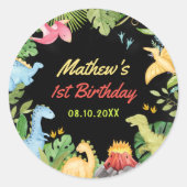 Schattigee Dinosaurus Boy eerste verjaardagsfeestj Ronde Sticker (Voorkant)