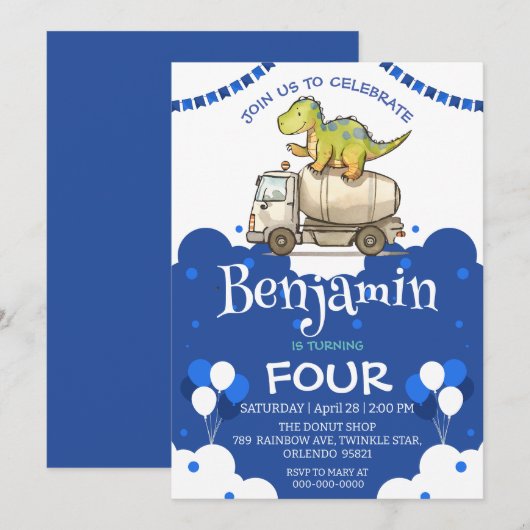 Schattigee dinosaurus cementtruck Balloon School V (Voorkant / Achterkant)