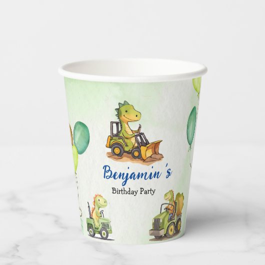 Schattigee dinosaurus constructie vrachtwagenballo papieren bekers (Achterkant)