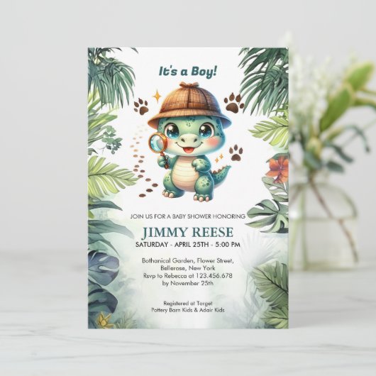 Schattigee dinosaurus Cool Dino Baby Jongensdouche Kaart (Staand voorkant)