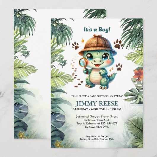 Schattigee dinosaurus Cool Dino Baby Jongensdouche Kaart (Voorkant / Achterkant)