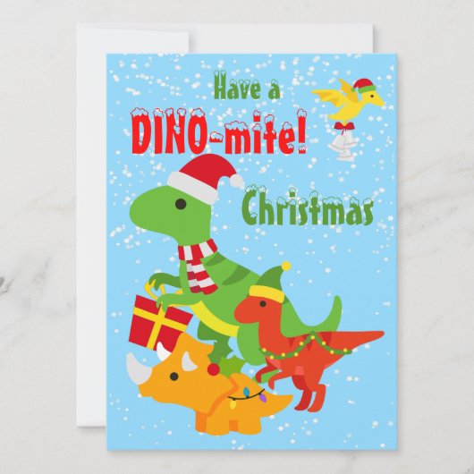 Schattigee dinosaurus dino-mite kerstflat kaart (Voorkant)