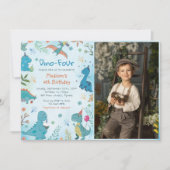 Schattigee Dinosaurus Dino Vier 4e Verjaardagsfees Kaart (Voorkant)