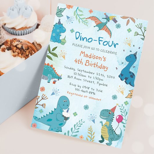 Schattigee Dinosaurus Dino Vier 4e Verjaardagsfees Kaart