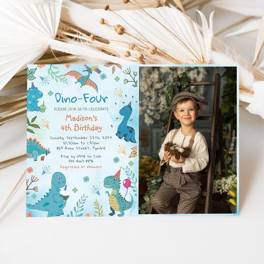 Schattigee Dinosaurus Dino Vier 4e Verjaardagsfees Kaart