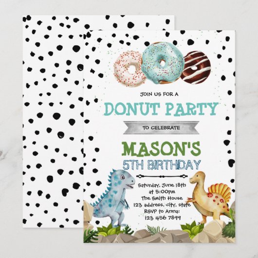 Schattigee dinosaurus donut-feestuitnodiging kaart (Voorkant / Achterkant)