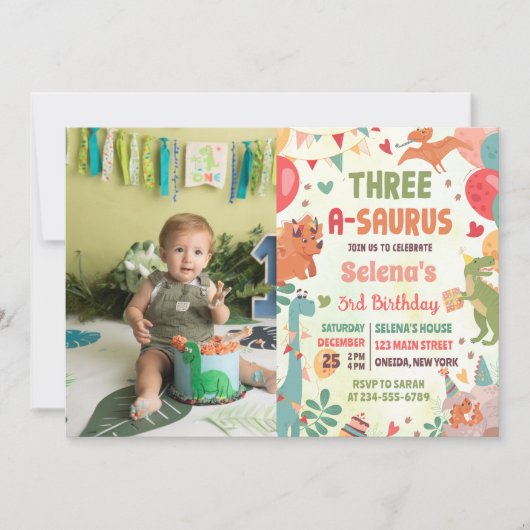 Schattigee Dinosaurus Drie-A-Saurus 3e Verjaardag  Kaart (Voorkant)