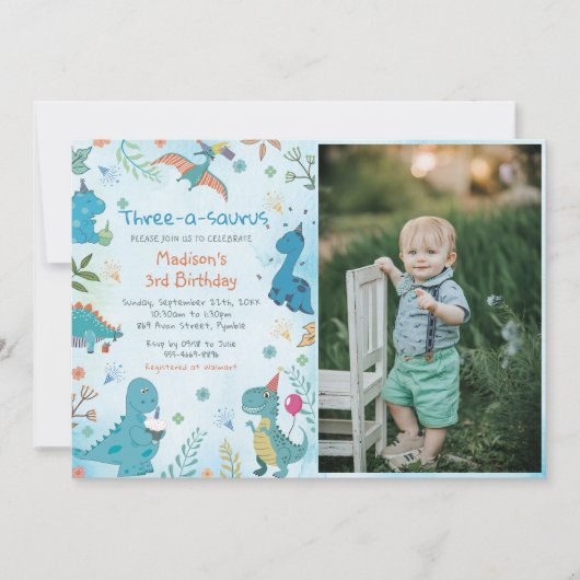 Schattigee Dinosaurus Drie-A-Saurus 3e Verjaardag  Kaart (Voorkant)