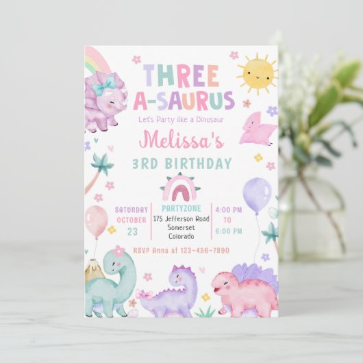Schattigee Dinosaurus Drie-A-Saurus 3e Verjaardags Kaart (Staand voorkant)