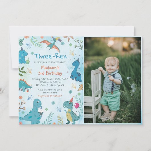 Schattigee Dinosaurus Drie Rex 3e Verjaardagsfeest Kaart (Voorkant)