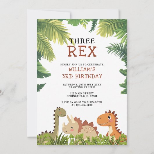 Schattigee Dinosaurus Drie Rex 3e Verjaardagsfeest Kaart (Voorkant)