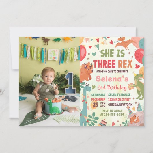 Schattigee Dinosaurus Drie Rex 3e Verjaardagsfeest Kaart (Voorkant)