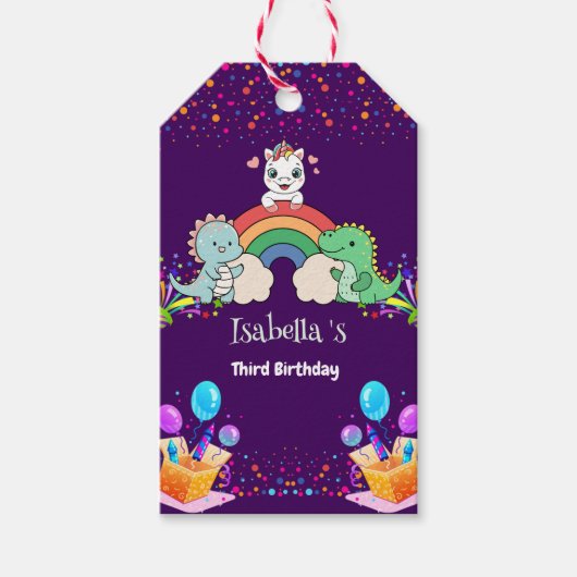 Schattigee Dinosaurus Eenhoorn regenboog Ballon Ve Cadeaulabel (Voorkant)