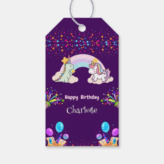 Schattigee dinosaurus eenhoorn regenboog ballon ve cadeaulabel (Voorkant)