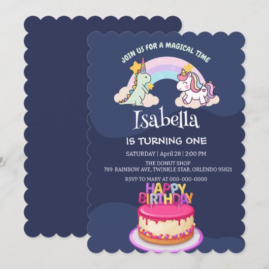 Schattigee dinosaurus eenhoorn regenboog ballon ve kaart (Voorkant / Achterkant)