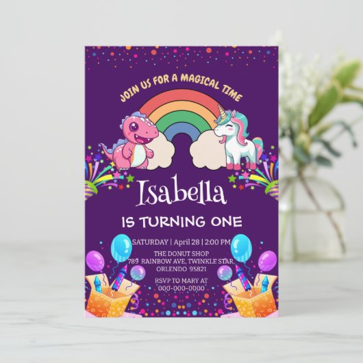 Schattigee dinosaurus eenhoorn regenboog ballon ve kaart (Staand voorkant)