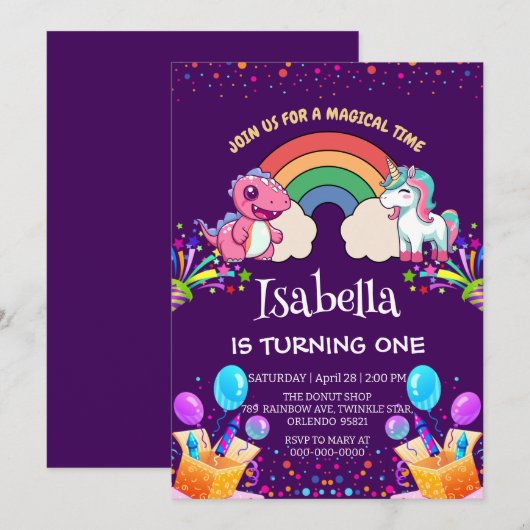 Schattigee dinosaurus eenhoorn regenboog ballon ve kaart (Voorkant / Achterkant)