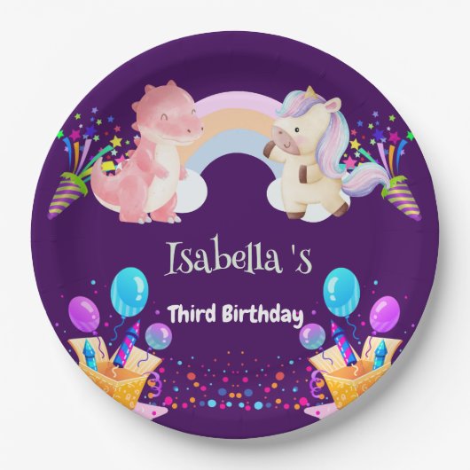 Schattigee Dinosaurus Eenhoorn regenboog Ballon Ve Papieren Bordje (Voorkant)