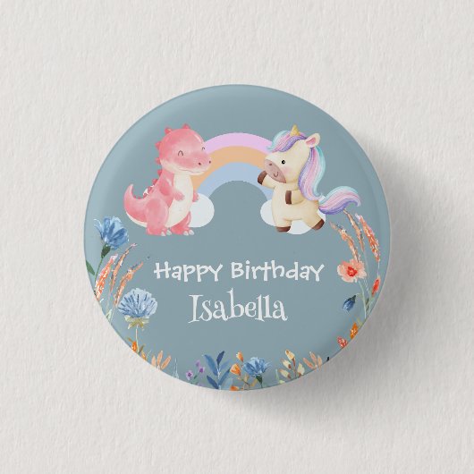 Schattigee Dinosaurus Eenhoorn regenboog Bloem Ver Ronde Button 3,2 Cm (Voorkant)