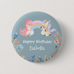 Schattigee Dinosaurus Eenhoorn regenboog Bloem ver Ronde Button 5,7 Cm