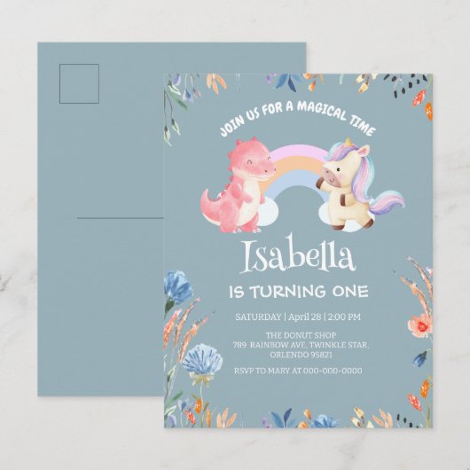 Schattigee Dinosaurus Eenhoorn regenboog Bloem Ver Uitnodiging Briefkaart (Voorkant / Achterkant)