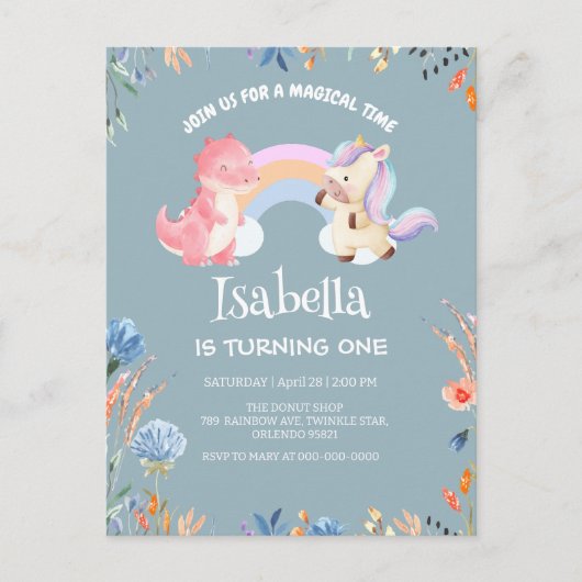 Schattigee Dinosaurus Eenhoorn regenboog Bloem Ver Uitnodiging Briefkaart (Voorkant)